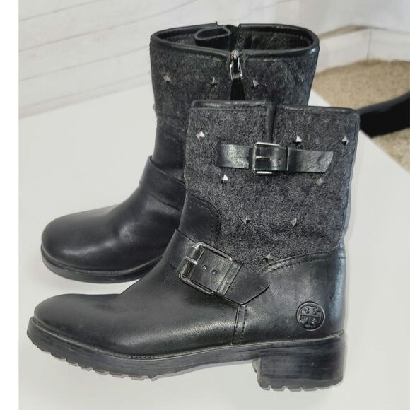 TORY BURCH CHRYSTIE GRAY WOOL STUD EMBELLISHED ANKLE BOOTS, SZ 6.5 - Picture 7 of 16